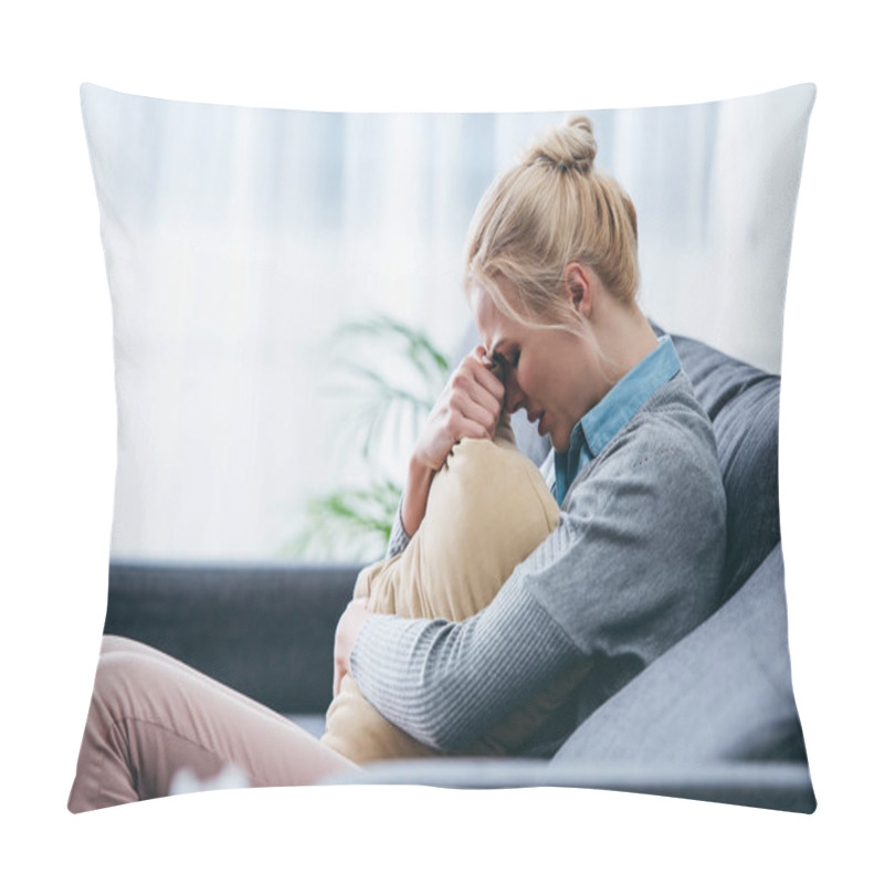 Personality  Sad Woman Sitting On Couch, Crying And Holding Pillow At Home Pillow Covers