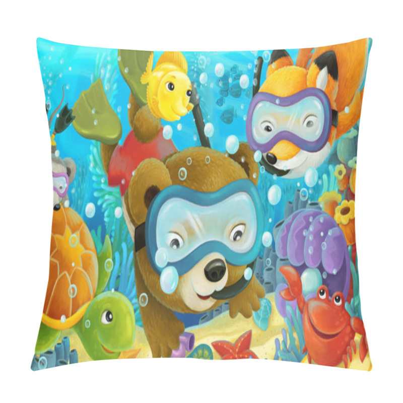 Personality  Cartoon Ocean Scene With Coral Reef And Forest Animals Diving - Illustration For Children Pillow Covers