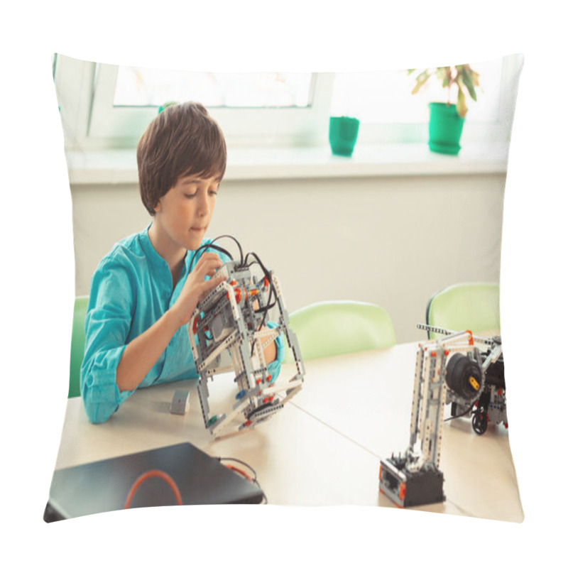 Personality  Concentrated Schoolboy Looking For Mistakes In His Robot Model. Pillow Covers