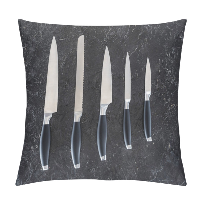 Personality  Top View Of Different Kitchen Knives Arranged On Black Marble Surface   Pillow Covers