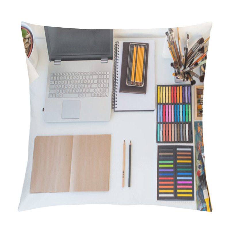 Personality  Designer Workplace Top View. Pillow Covers