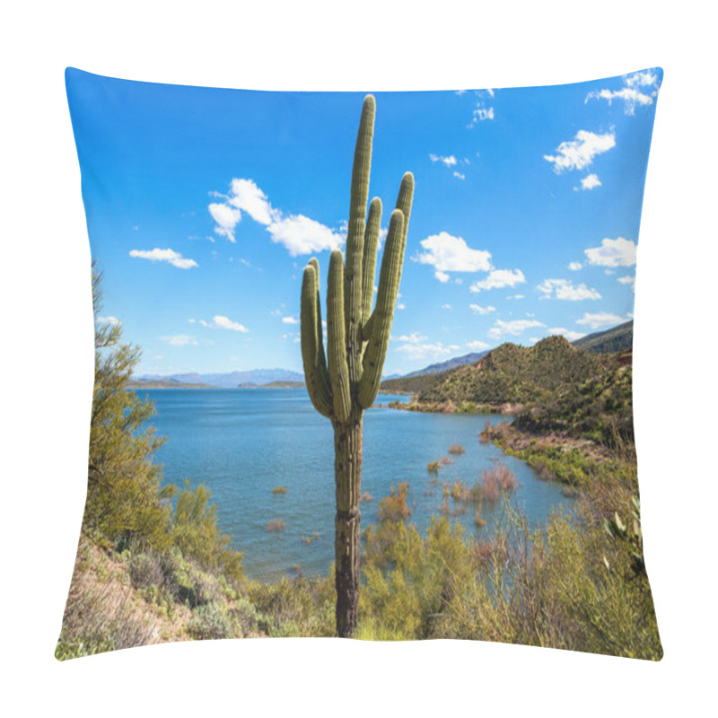 Personality  Saguaro Cactus And Water In Arizona Desert Landscape. Old Saguaro Cactus With Multiple Arms By Roosevelt Lake In Sonoran Desert Of Arizona. Cactus Is Framed By A Blue Sky With Fluffy White Clouds And The Deep Blue Water Of The Reservoir.   Pillow Covers