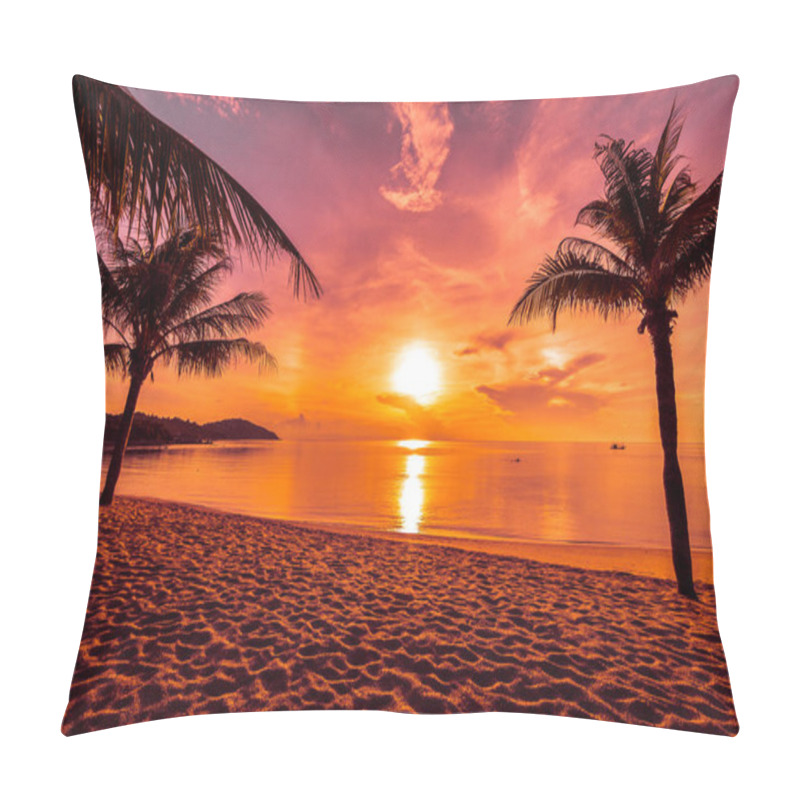 Personality  At Sunset Time On The Tropical Paradise Island Beach And Sea With Coconut Palm Tree For Holiday And Vacation Pillow Covers