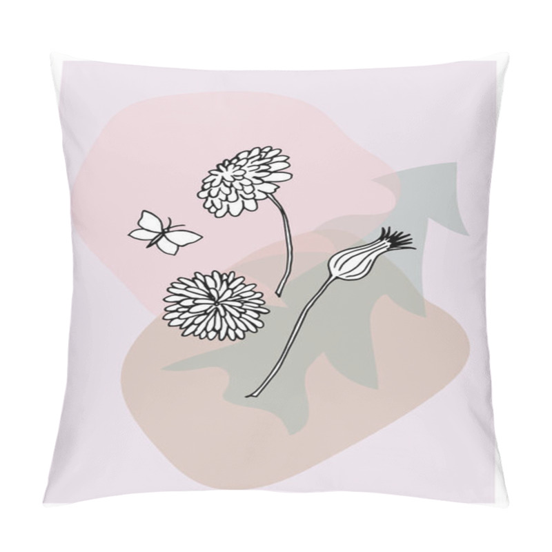 Personality  Postcard In The Style Of Minimalism With The Image Of Dandelion Flowers, Butterflies And A Background Of Abstract Shapes, Spots. Pillow Covers