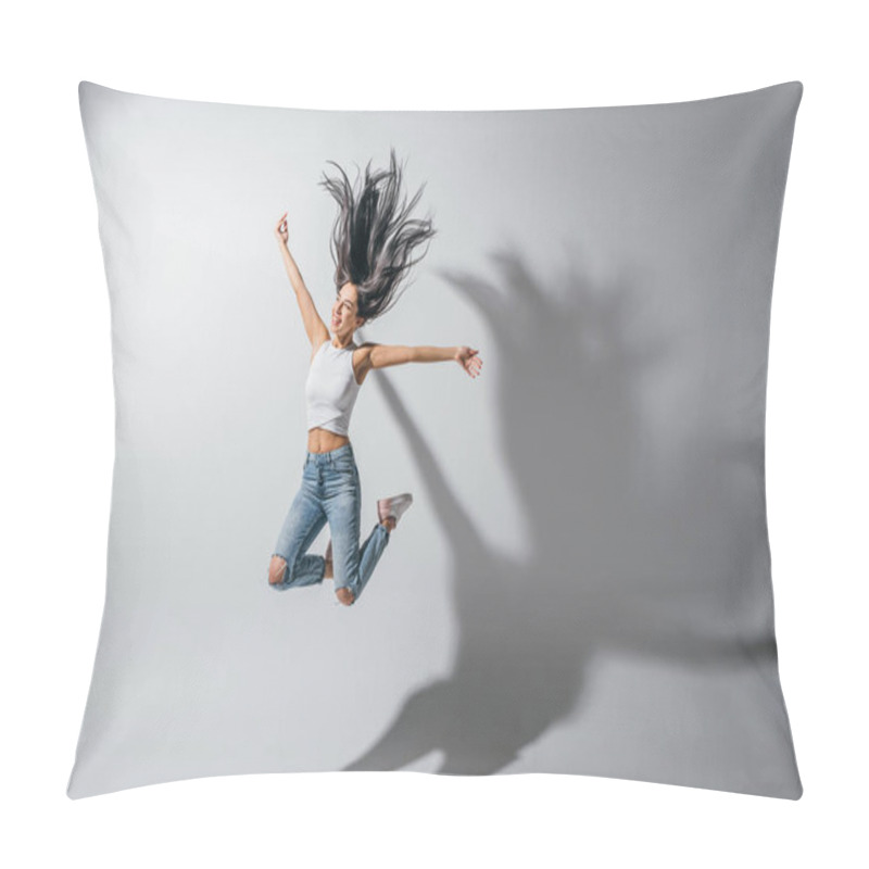 Personality  Full Length View Of Excited Girl Jumping With Hands In Air  Pillow Covers