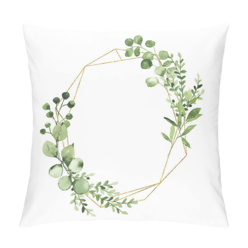 Personality  Watercolor Gold Geometrical Wreath With Greenery Leaves Branch Twig Plant Herb Flora Isolated On White Background. Botanical Spring Summer Leaf Decorative Illustration For Wedding Invitation Card Pillow Covers