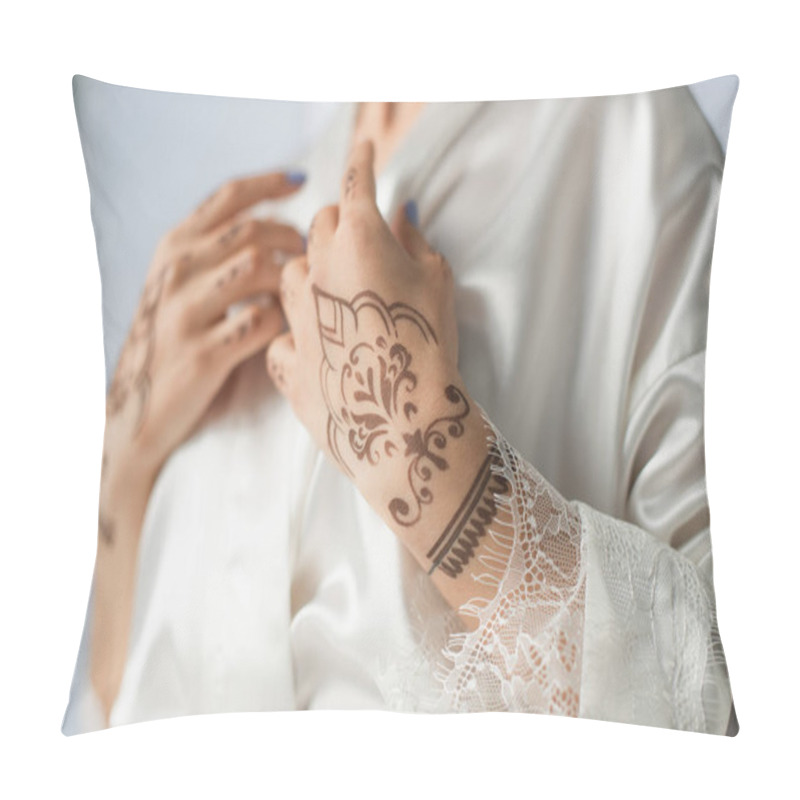 Personality  Cropped View Of Young Indian Woman With Mehndi On Hands Isolated On White Pillow Covers