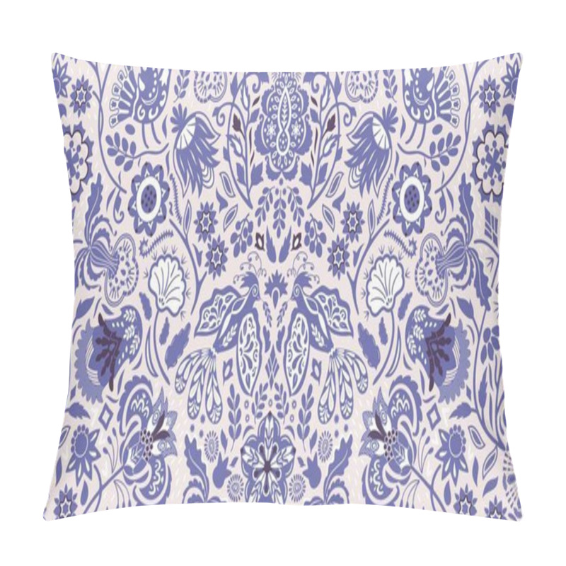 Personality  Folksy Stylized Flowers And Cute Fancy Birds In A Summer Garden Celebrating Spritely Joyous Violet-blue Shade, Very Peri. Abstracted Floral Elements And Shapes Inspired By Nature And The Eastern European Folk Art Have A Decorative Look. Pillow Covers