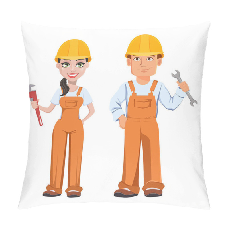 Personality  Builder Man And Woman In Uniform, Cartoon Characters. Professional Construction Workers. Smiling Repairman With Wrench And Woman With Adjustable Wrench. Vector Illustration Pillow Covers