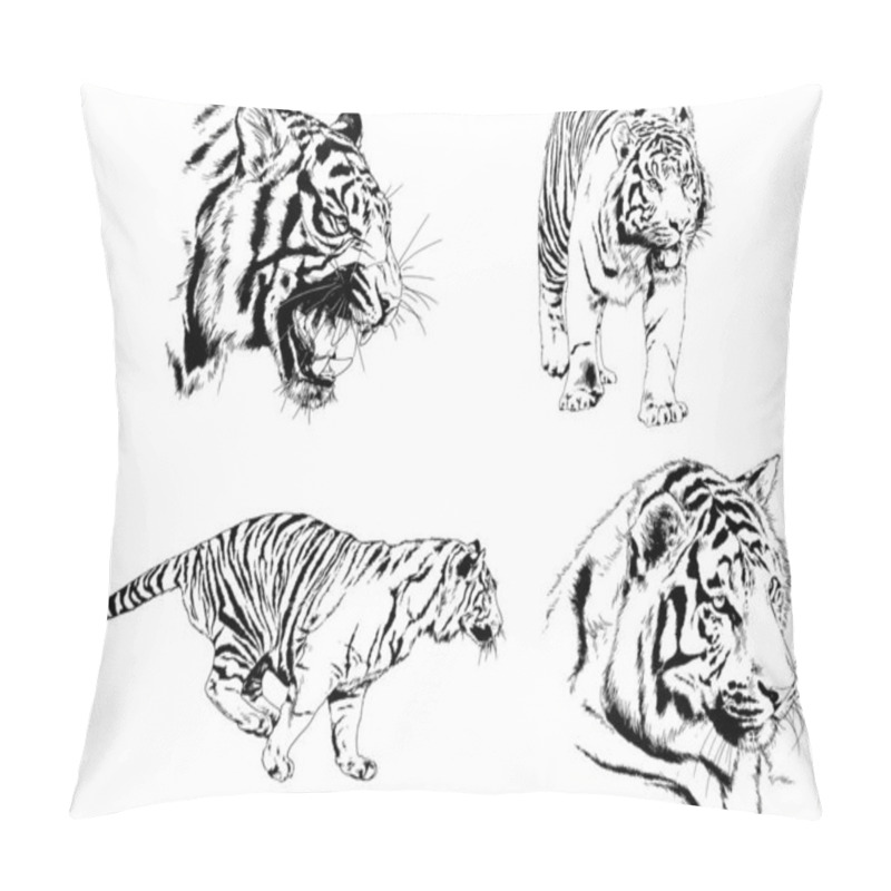 Personality  Set Of Vector Drawings On The Theme Of Predators Tigers Are Drawn By Hand With Ink Tattoo Logos Pillow Covers