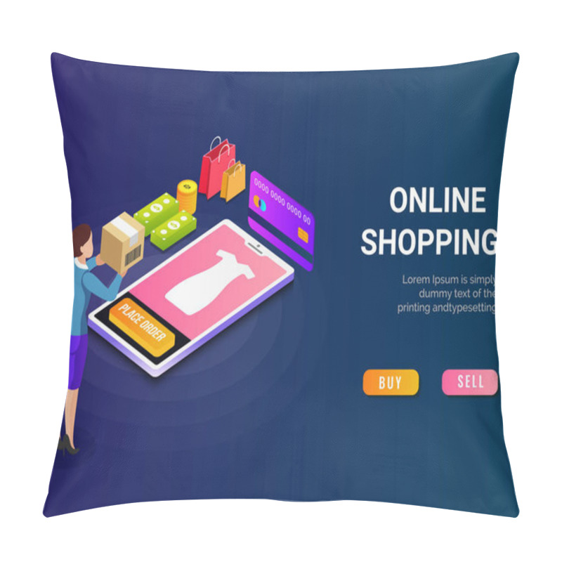 Personality  Online Shopping, Isometric Concept, Mobile App Or Landing Page Design With Money, Payment Card, Delivery Box, Shopping Bag And Buy Now Button. Can Be Used For Advertisement, Infographic, Game Or Mobile Apps Icon.   Pillow Covers