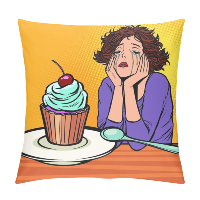 Personality  Lonely Unhappy Woman. Cupcake Dessert. Comic Cartoon Pop Art Vector Retro Vintage Drawing Pillow Covers