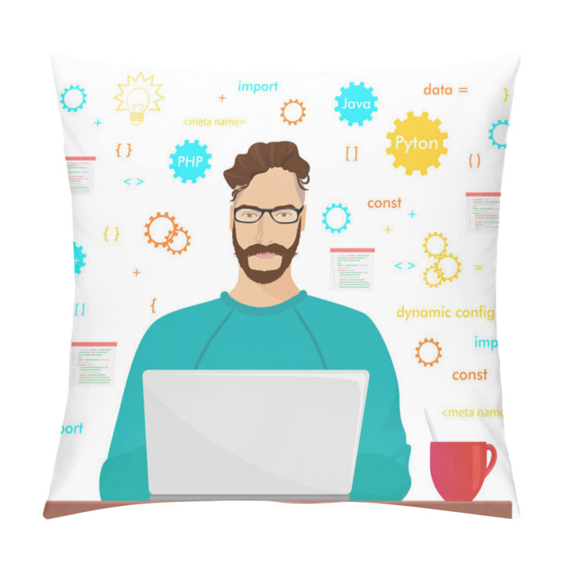 Personality  Man Programmer Hipster Is Working Coding And Programming On His Laptop. Programmer Php Code Occupation Concept. Pillow Covers