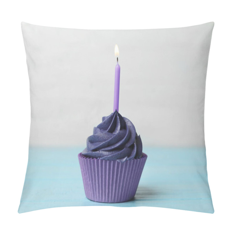 Personality  Delicious Birthday Cupcake With Cream And Burning Candle On Blue Wooden Table Pillow Covers