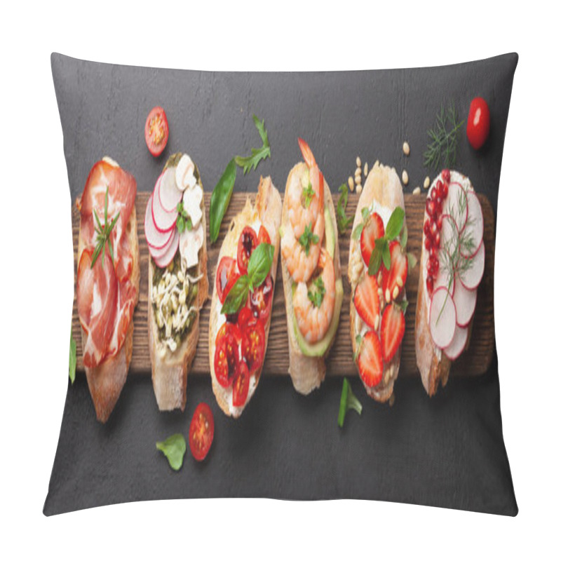 Personality  Appetizers Board With Traditional Spanish Tapas Set. Italian Antipasti Brushetta Snacks. Top View Flat Lay Pillow Covers