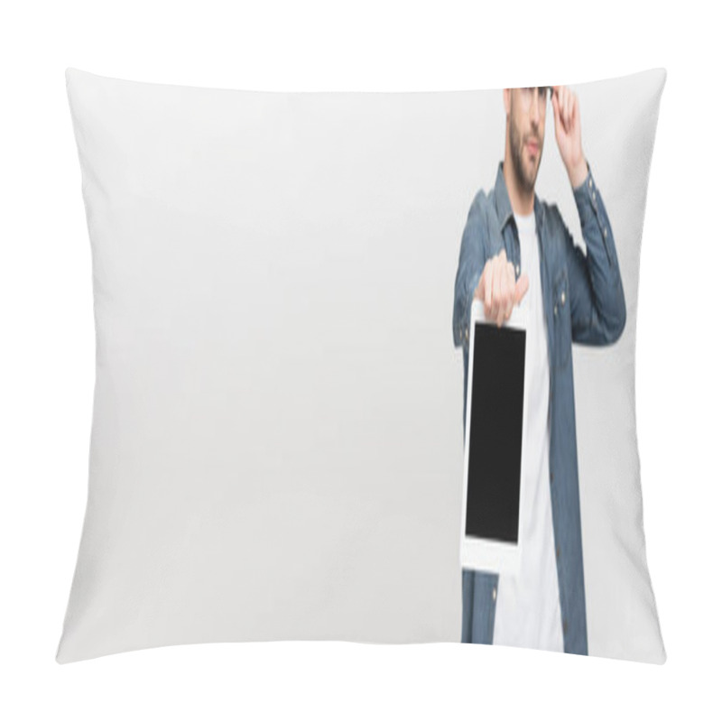 Personality  Digital Tablet With Blank Screen In Hand Of Man In Eyeglasses On Blurred Background Isolated On Grey, Banner  Pillow Covers