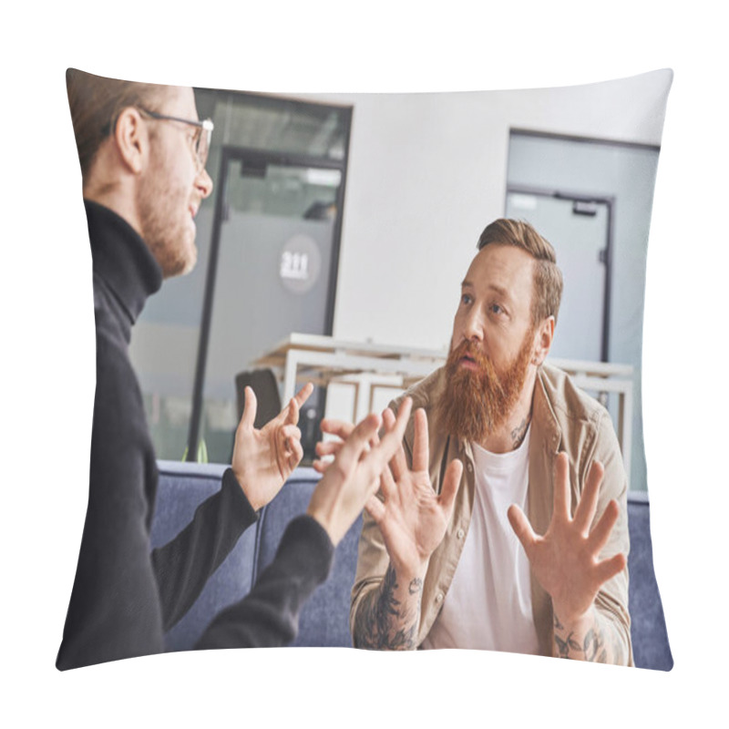 Personality  Entrepreneurs Gesturing And Discussing Startup Project In Modern Office, Bearded Tattooed Businessman With Colleague In Black Turtleneck, Business Collaboration Concept Pillow Covers