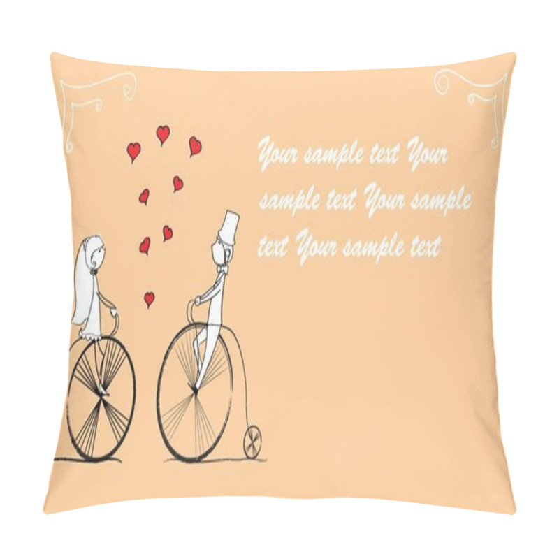 Personality  Wedding Picture, Bride And Groom Ride Bikes, Vector Pillow Covers