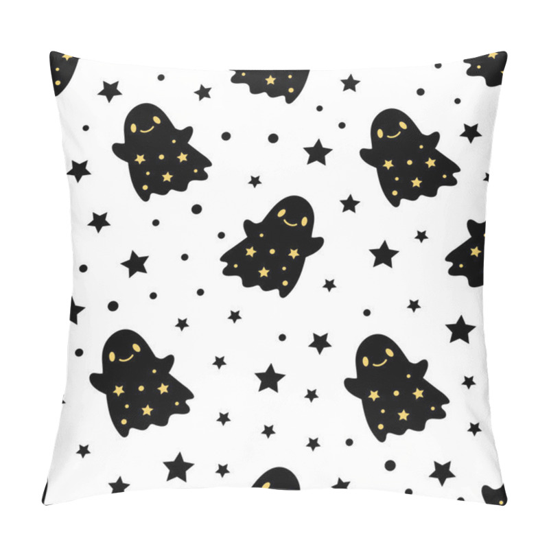 Personality  Seamless Pattern Of Cute Little Cartoon Ghosts For Happy Halloween On White Background With Gold Stars. Pillow Covers