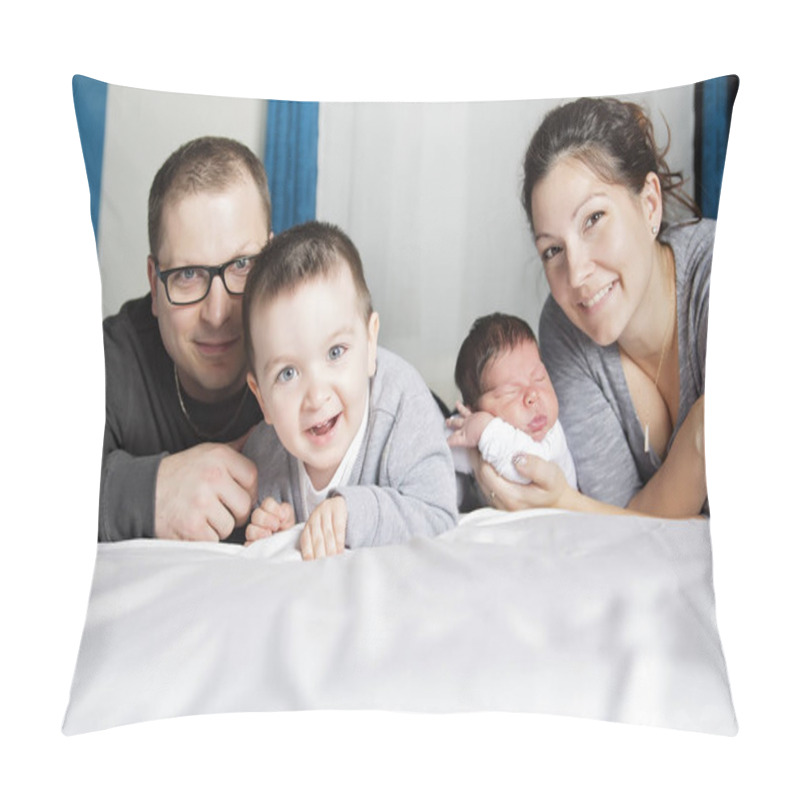 Personality  Happy Family Mother, Father And Two Children At Home In Bed Pillow Covers