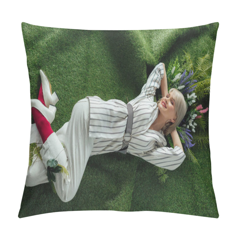 Personality  High Angle View Of Beautiful Stylish Girl Smiling While Lying On Artificial Grass With Flowers  Pillow Covers