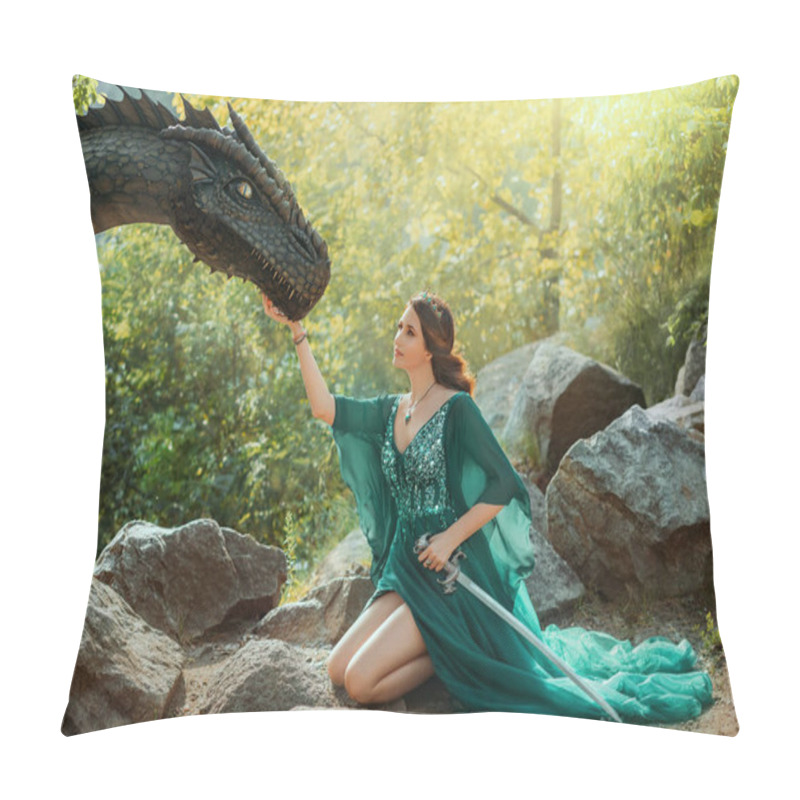 Personality  Fantasy Portrait Woman Elf Queen, Hand Stroking Touching Muzzle Ancient Dragon. Green Vintage Elven Dress Golden Crown Precious Emeralds. Girl Warrior Princess Zodiac Sign. Nature Summer Trees Stones Pillow Covers