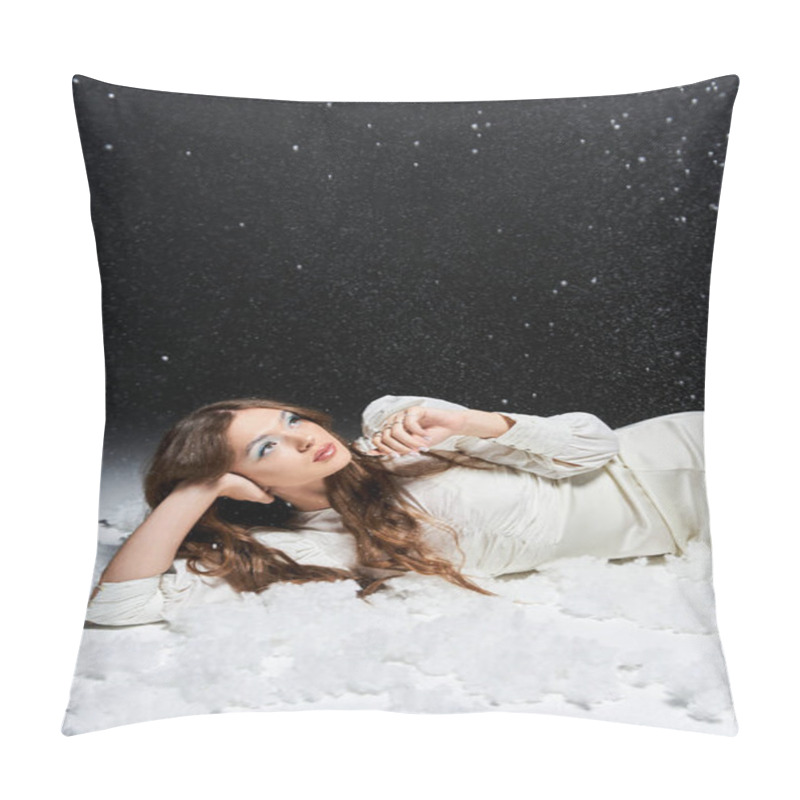 Personality  The Young Woman Enjoys A Serene Moment Resting In Soft Snow, Gazing At Delicate Snowflakes Above. Pillow Covers