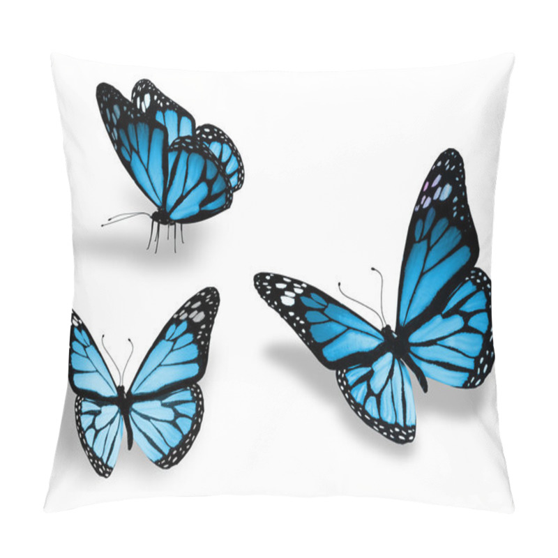 Personality  Three Blue Butterfly, Isolated On White Background Pillow Covers