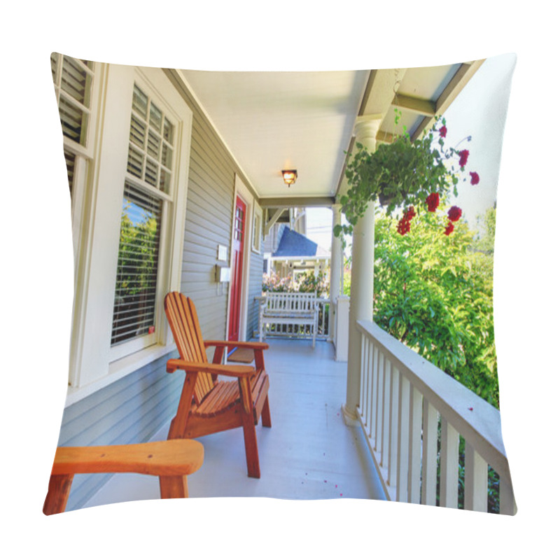 Personality  Front Porch Of The Grey House With White Railings And Two Windows. Pillow Covers