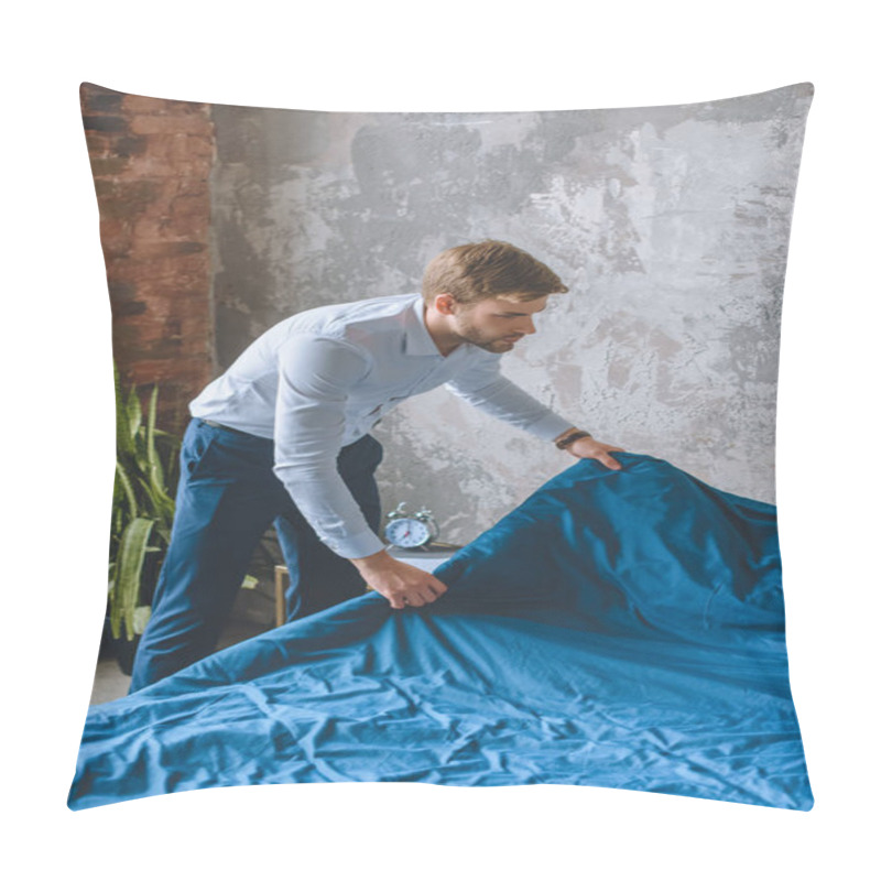 Personality  Young Businessman Covering Bed By Blue Coverlet At Home  Pillow Covers