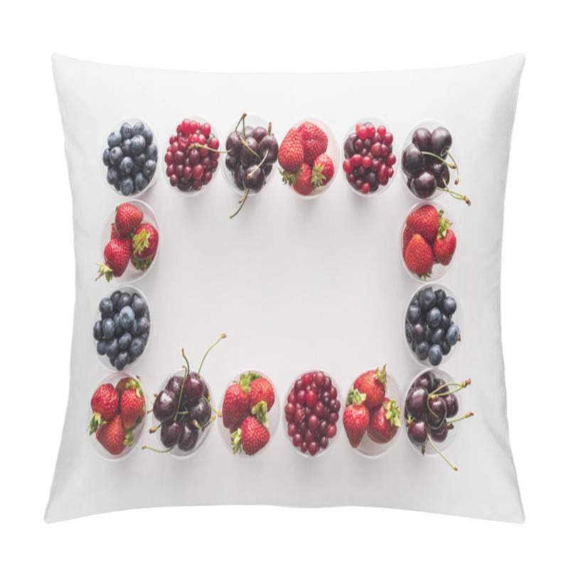 Personality  Top View Of Whole Cranberries, Strawberries, Blueberries And Cherries In Plastic Cups  Pillow Covers