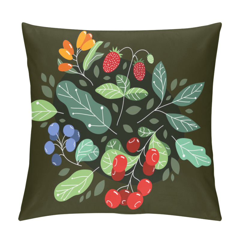 Personality  Wild Berries Fresh And Ripe Tasty Healthy Food With Leaves Vector Flat Style Illustration Over Dark Background, Delicious Vegetation Diet Eating, Nature Gifts. Pillow Covers