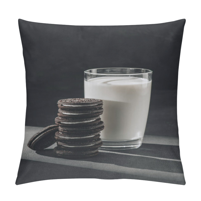 Personality  Delicious Sandwich Cookies With Glass Of Milk On Black Surface Pillow Covers