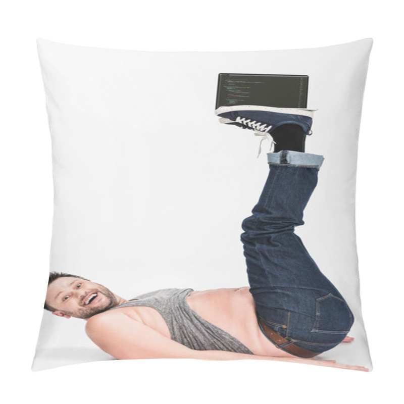 Personality  Excited Overweight Man Looking At Camera And Holding With Legs Laptop With Microsoft Windows On Screen  Pillow Covers