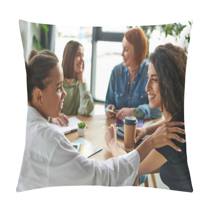 Personality  Cheerful Multiracial Woman With Takeaway Drink Looking At African American Girlfriend With Braces Near Women Talking On Blurred Background In Interest Club, Communication In Cozy Atmosphere Pillow Covers