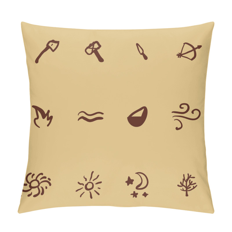 Personality  Vector Set Of Icons In Cave Drawings Style. Tools And Nature Elements. Primitive Art Illustrations. Pillow Covers