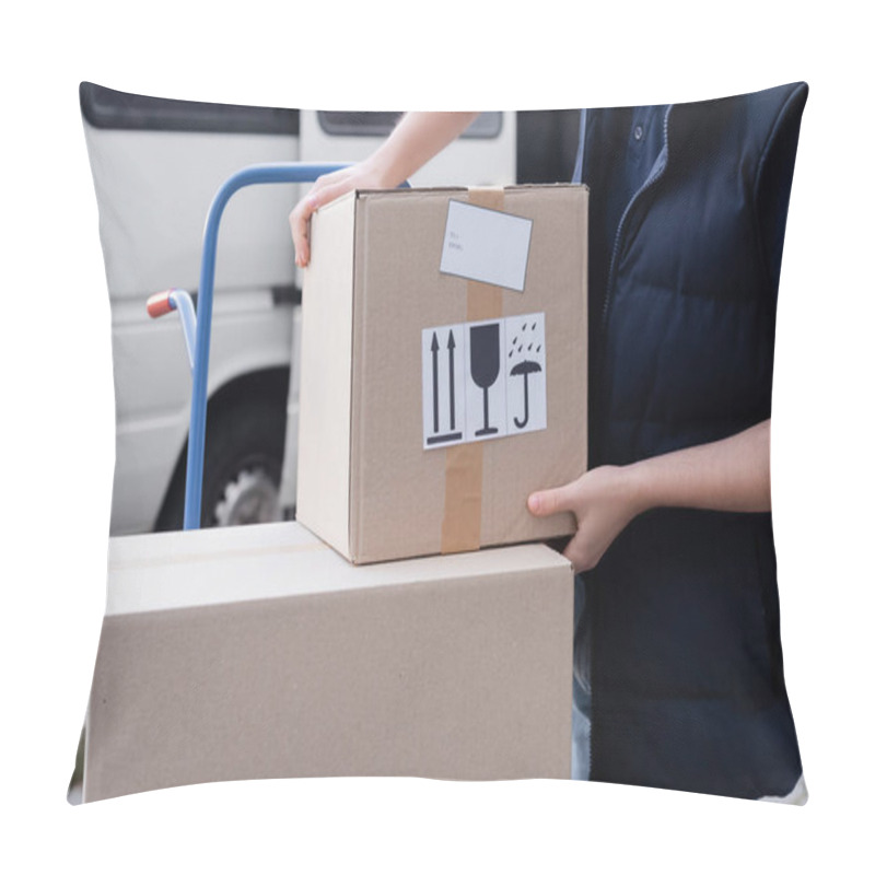 Personality  Cropped View Of Courier Taking Carton Box From Cart Outdoors  Pillow Covers