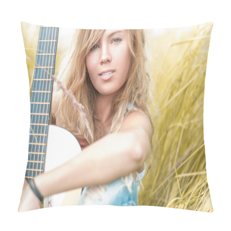 Personality  Beautiful Woman With Guitar Sitting On Grass. Pillow Covers