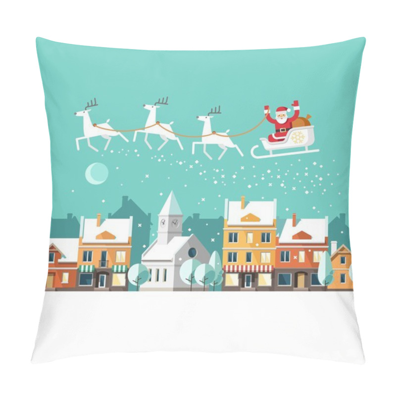 Personality  Santa Claus On Sleigh And His Reindeers. Winter Town. Urban Winter Landscape. Pillow Covers