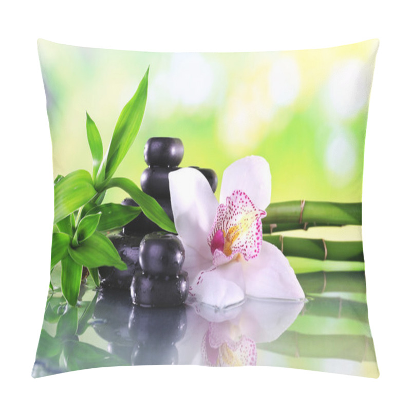 Personality  Spa Stones, Bamboo Branches And White Orchid On Table On Natural Background Pillow Covers