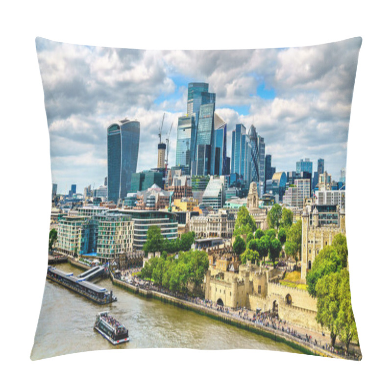 Personality  Skyscrapers Of The City Of London And The Tower Of London At The Thames River In England Pillow Covers