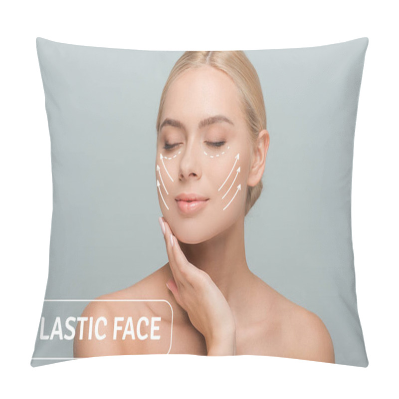 Personality  Young Beautiful Woman With Closed Eyes Touching Face With Plastic Surgery Marks Isolated On Grey Pillow Covers