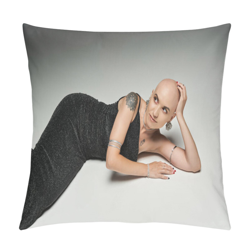 Personality  A Young Woman With Alopecia Relaxes Elegantly, Showcasing Her Confidence And Beauty. Pillow Covers