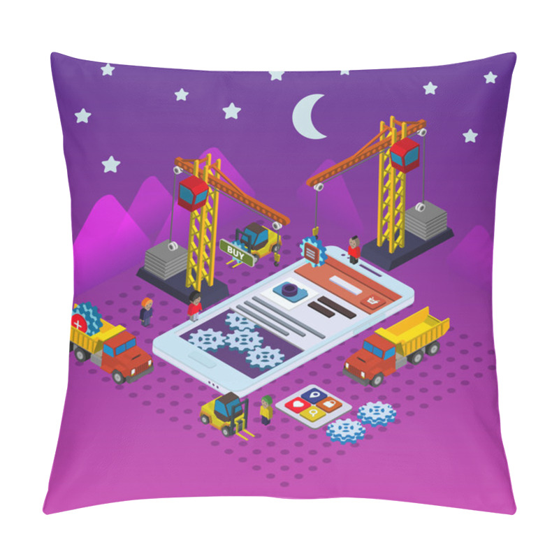 Personality  Mobile App Development Flat Isometric Vector Pillow Covers