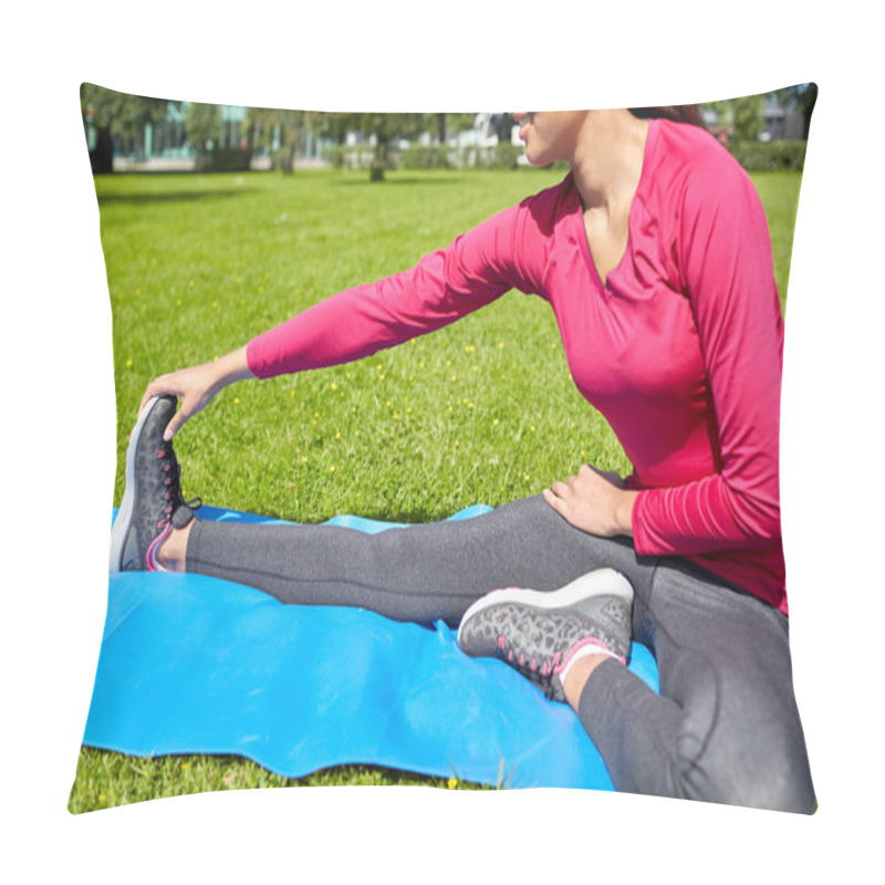 Personality  Close Up Of Woman Stretching Leg On Mat Outdoors Pillow Covers