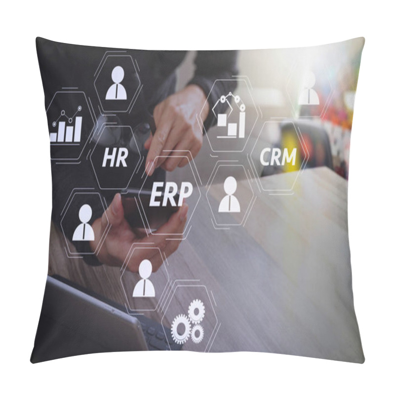 Personality  Architecture Of ERP (Enterprise Resource Planning) System With Connections Between Business Intelligence (BI), Production, CRM Modules And HR Diagram.Businessman Hand Using Mobile Payments Online Shopping. Pillow Covers