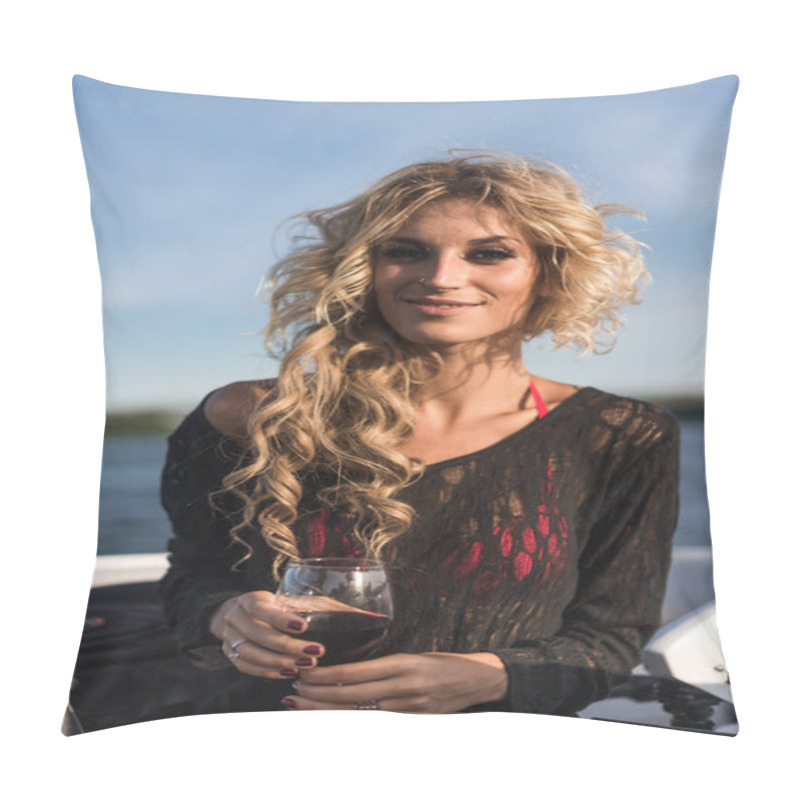 Personality  Portrait Of Attractive Woman Relaxing On Yacht Enjoying Glass Of Wine On Blue Sky Sea Outdoors. Enjoyment And Luxury Lifestyle Pillow Covers