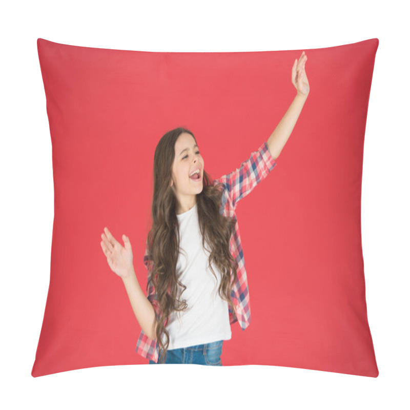 Personality  Happy Childhood. Kid Fashion. Little Girl With Beautiful Long Hair. Childrens Day. Happy Little Girl On Red Background. Little Girl Dancing. Little Cutie. Smiling Girl Express Positivity. Here I Am Pillow Covers