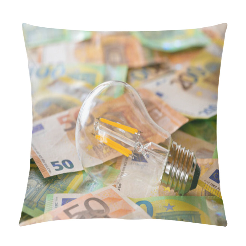 Personality   Light Bulbs On Euro Bills.Rising Electricity Prices In Europe.Crisis Of Energy Production In The EU Countries.Increasing The Cost Of Light And Heat.Saving Electricity Concept Pillow Covers