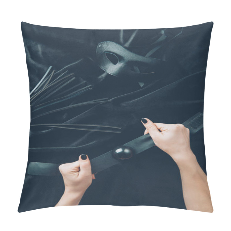 Personality  Cropped Shot Of Female Hands With Gag, Leather Whip And Mask On Black Fabric Pillow Covers